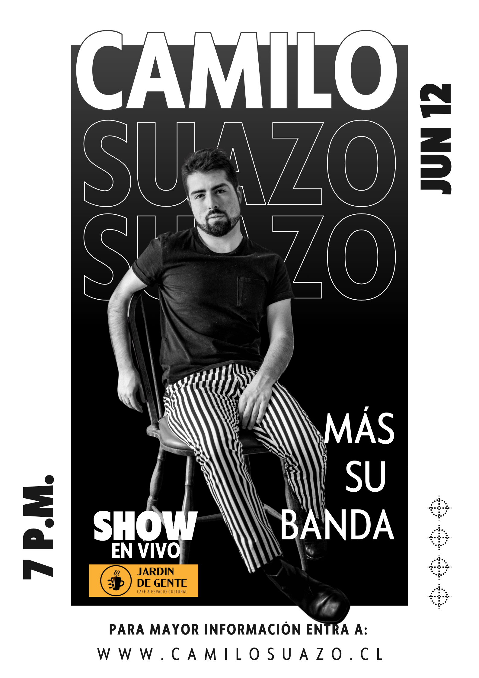 Afiche del show de Camilo Suazo en Jardin de Gente el viernes 12 de junio a las 7 pm